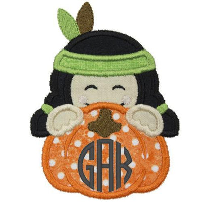 Indian Boy Pumpkin Peeker Monogram Sew or Iron on Embroidered Patch