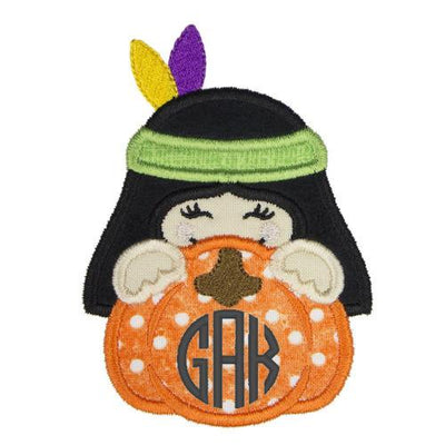 Indian Girl Pumpkin Peeker Monogram Sew or Iron on Embroidered Patch