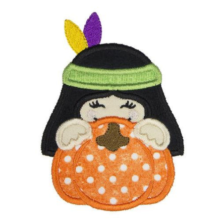 Indian Girl Pumpkin Peeker Monogram Patch - Sew Lucky Embroidery