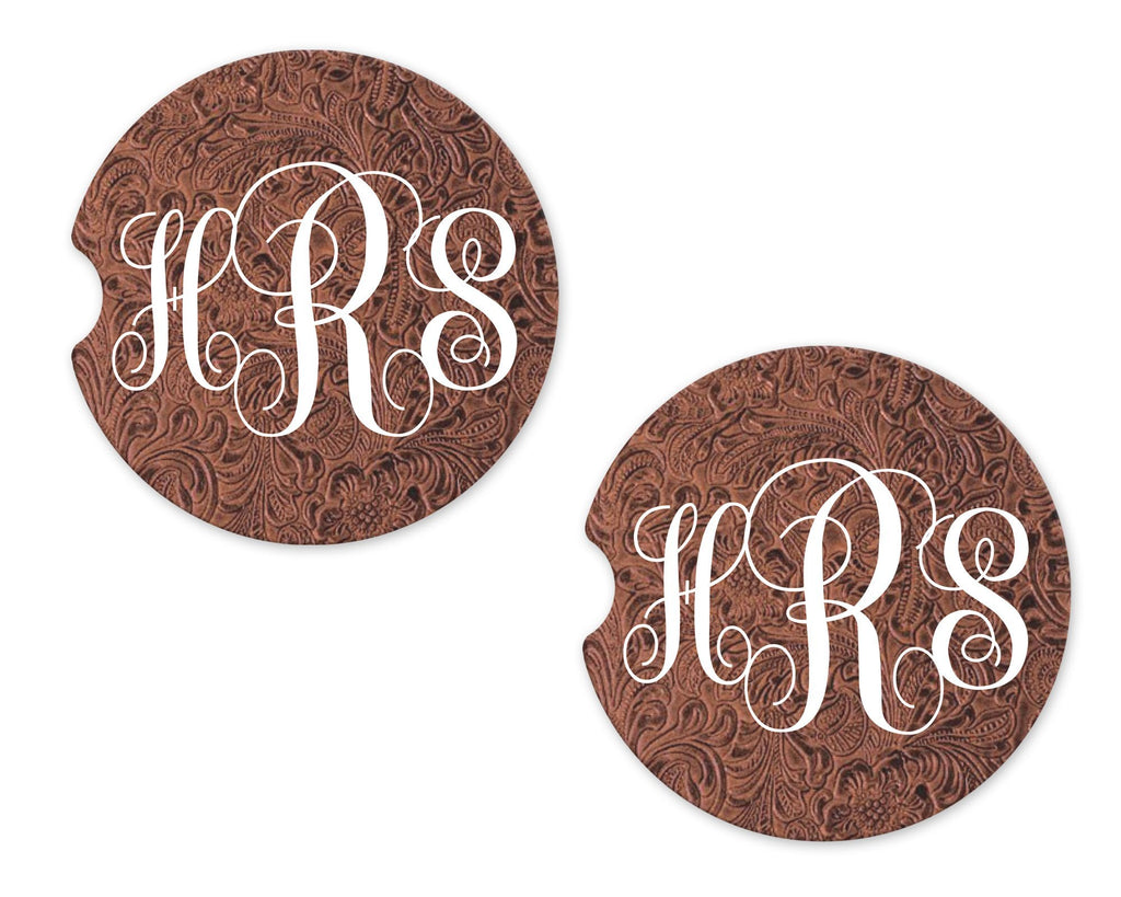 Leather Print Personalized Sandstone Car Coasters - Sew Lucky Embroidery