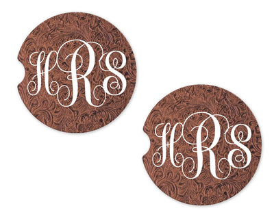Leather Print Personalized Sandstone Car Coasters (Set of Two)