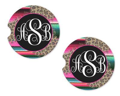 Leopard and serape Personalized Sandstone Car Coasters (Set of Two)