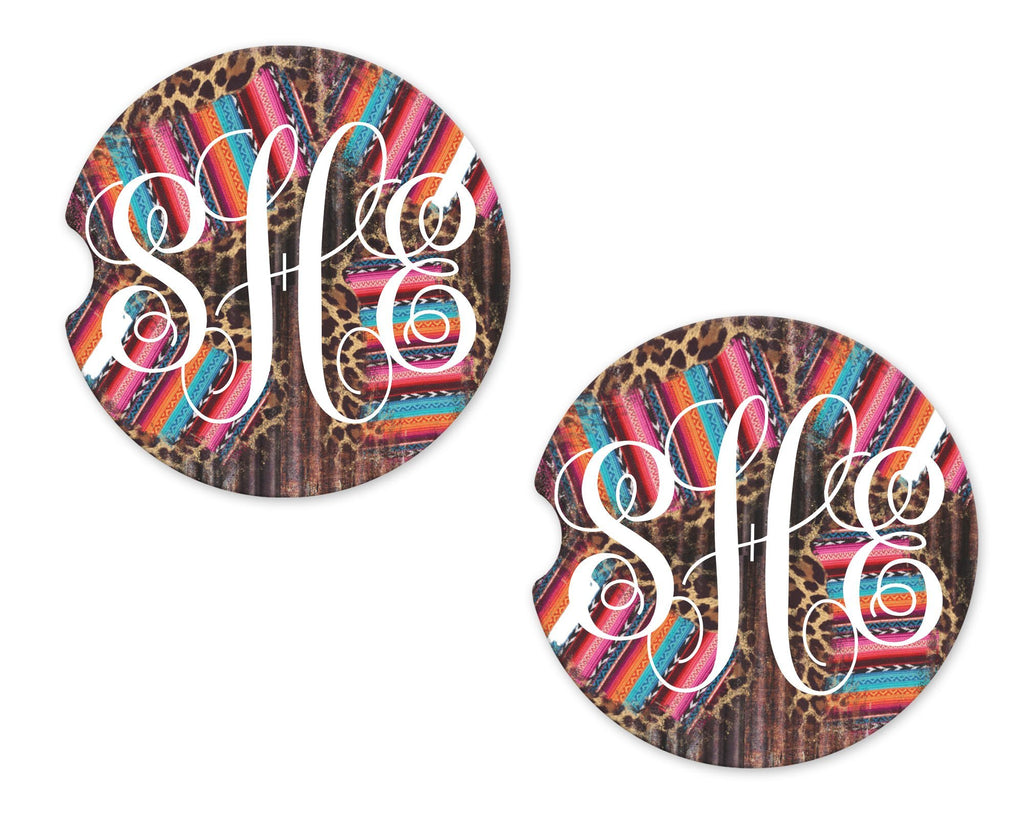 Leopard and serape stripes Personalized Sandstone Car Coasters - Sew Lucky Embroidery