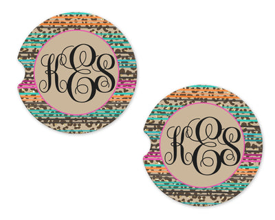 Leopard and Stripes Personalized Sandstone Car Coasters (Set of Two)