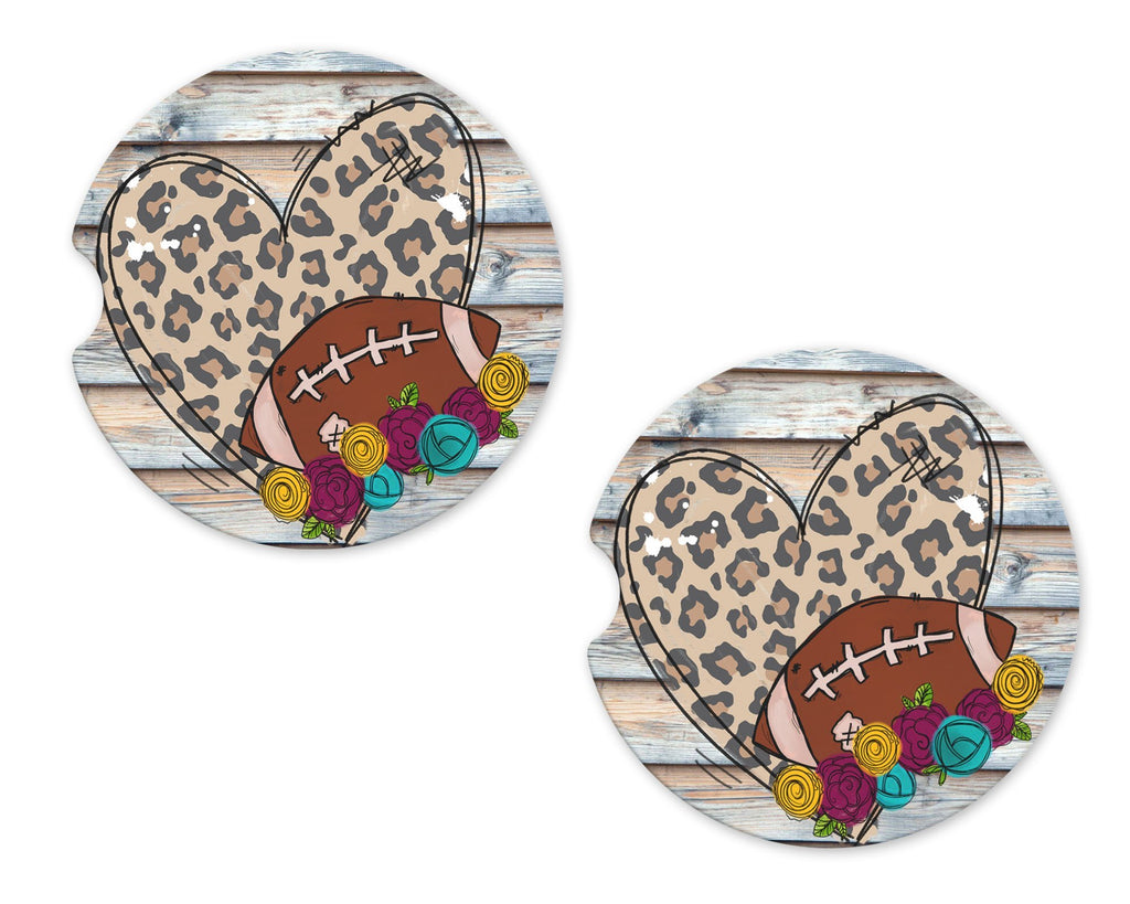 Leopard Heart and Football Personalized Sandstone Car Coasters - Sew Lucky Embroidery