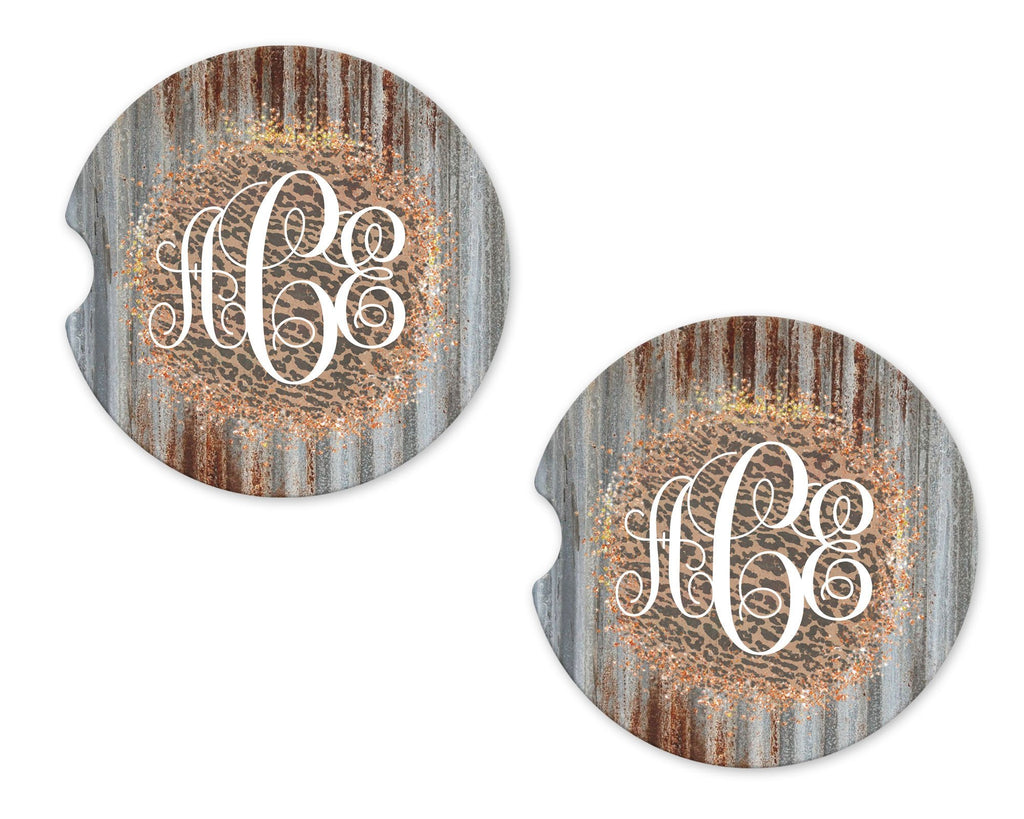 Leopard Print on Glitter Personalized Sandstone Car Coasters - Sew Lucky Embroidery