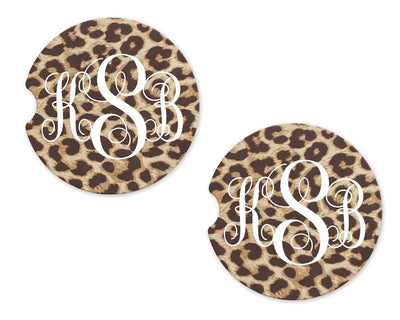 Leopard Print Personalized Sandstone Car Coasters (Set of Two)