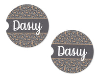 Leopard Print with Banner Personalized Sandstone Car Coasters - Sew Lucky Embroidery