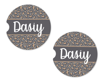 Leopard Print with Banner Personalized Sandstone Car Coasters (Set of Two)