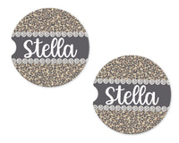 Leopard Print with Diamonds Personalized Sandstone Car Coasters - Sew Lucky Embroidery