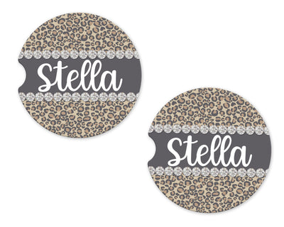 Leopard Print with Diamonds Personalized Sandstone Car Coasters (Set of Two)