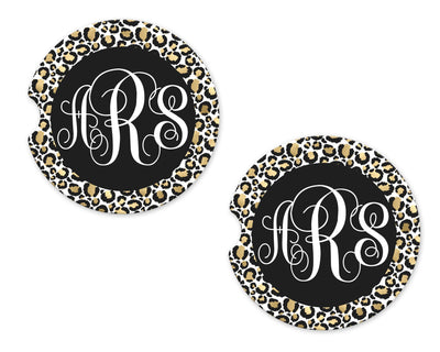 Leopard Trim Personalized Sandstone Car Coasters (Set of Two)