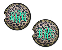 Leopard with Gold and Black Trim Personalized Sandstone Car Coasters - Sew Lucky Embroidery