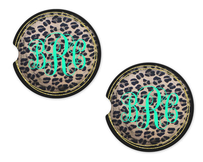 Leopard with Gold and Black Trim Personalized Sandstone Car Coasters (Set of Two)
