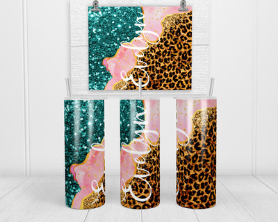 Leopard and Glitter Personalized 20 oz insulated tumbler with lid and straw