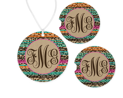 Leopard and Stripes Car Charm and set of 2 Sandstone Car Coasters Personalized