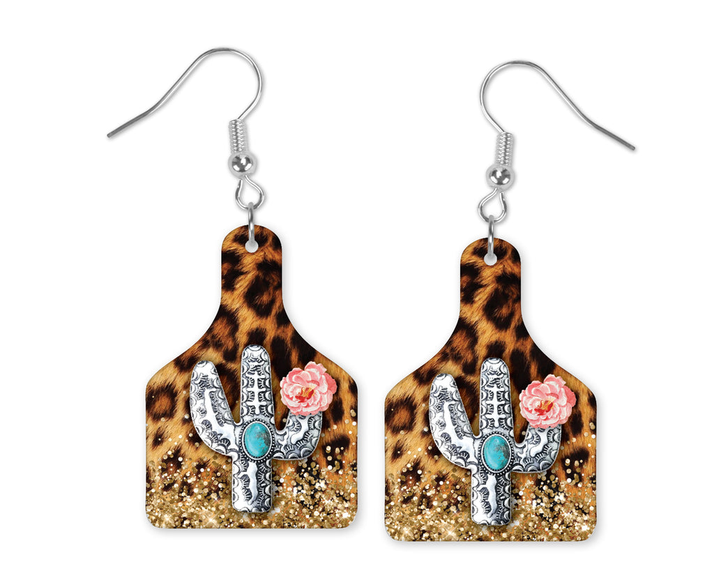 Leopard Cactus Cow Tag Earrings - Sew Lucky Embroidery