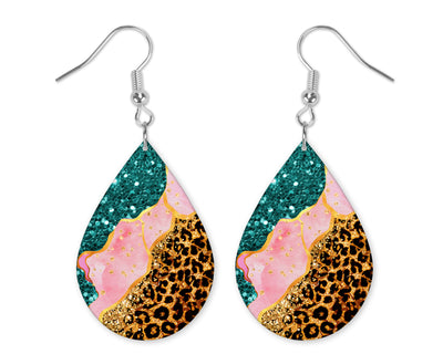 Leopard Pink and Gold Teardrop Earrings