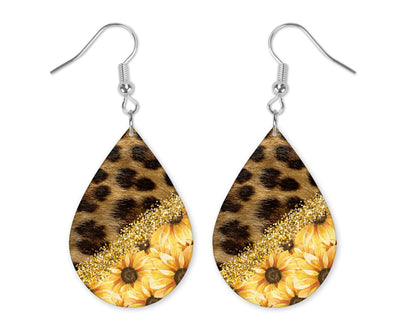 Leopard and Sunflowers Teardrop Earrings