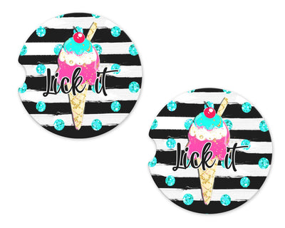 Lick it Ice Cream Stripes Sandstone Car Coasters (Set of Two)