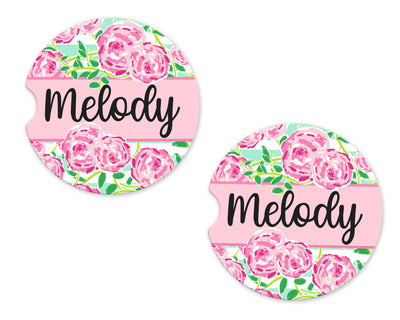Lily Floral Personalized Sandstone Car Coasters (Set of Two)