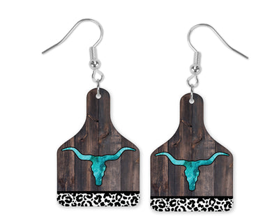 Longhorn Wood Cow Skull Cow Tag Earrings