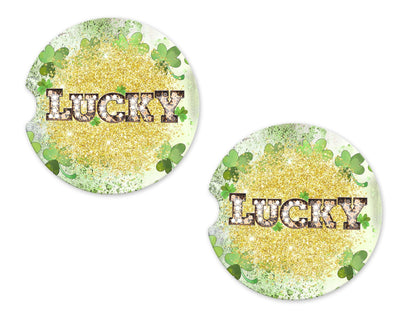 Lucky Clovers on Glitter Sandstone Car Coasters (Set of Two)