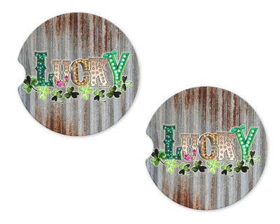 Lucky Metal Clovers Sandstone Car Coasters (Set of Two)