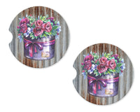 Metal Floral Planter Sandstone Car Coasters - Sew Lucky Embroidery