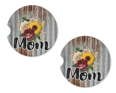 Metal Flowers Mom Sandstone Car Coasters (Set of Two)