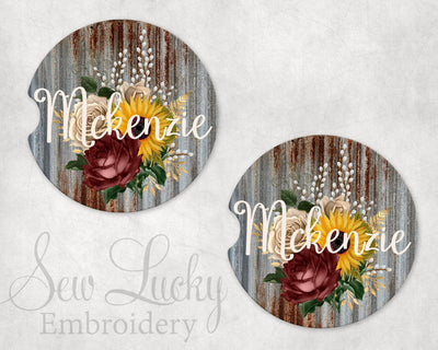Metal Flowers Personalized Sandstone Car Coasters (Set of Two)