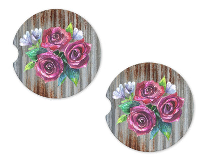 Metal with Roses Sandstone Car Coasters (Set of Two)