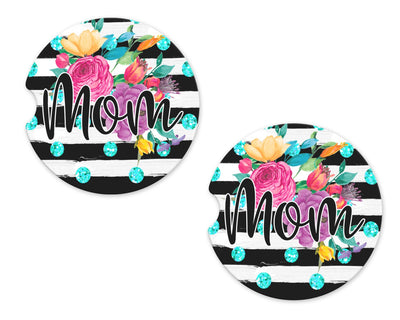 Mom Floral Stripes Sandstone Car Coasters (Set of Two)