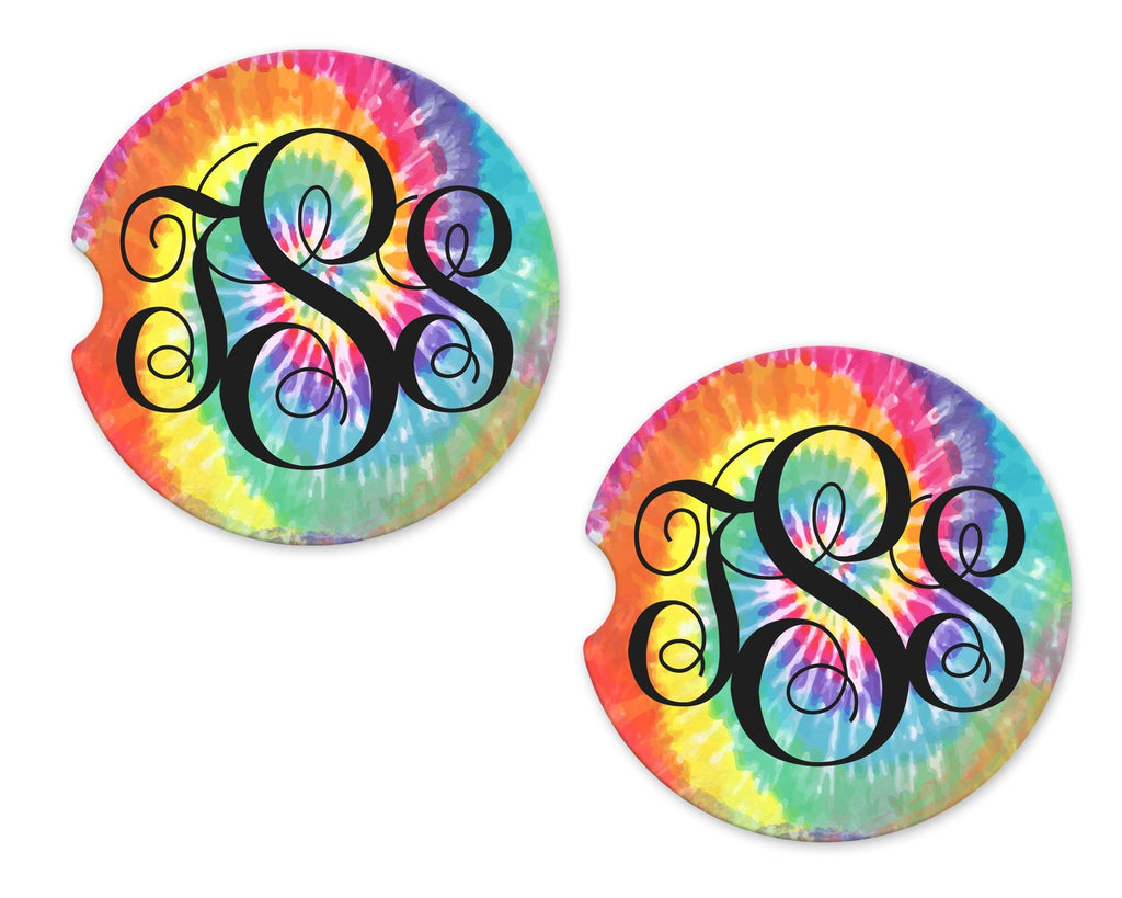 Multi Colored Tie dye Personalized Sandstone Car Coasters - Sew Lucky Embroidery