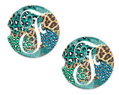 Multi Leopard Print Personalized Sandstone Car Coasters (Set of Two)