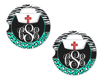 Nurse Monogram Zebra Print Personalized Sandstone Car Coasters - Sew Lucky Embroidery