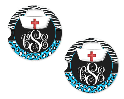Nurse Monogram Zebra Print Sandstone Car Coasters (Set of Two)