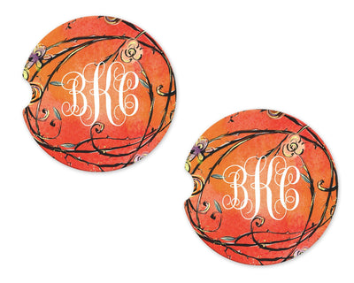 Orange with Flowers Personalized Sandstone Car Coasters (Set of Two)