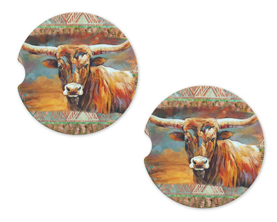 Painted Bull Sandstone Car Coasters (Set of Two)