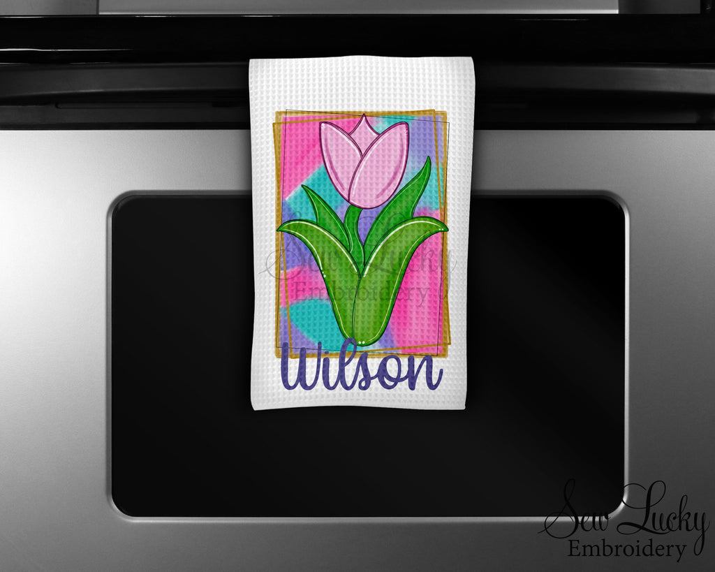 Painted Tulips Personalized Kitchen Towel - Waffle Weave Towel - Microfiber Towel - Kitchen Decor - House Warming Gift - Sew Lucky Embroidery