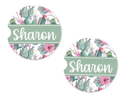Pastel Cactus Personalized Sandstone Car Coasters (Set of Two)
