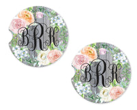 Pastel Floral and Wood Sandstone Car Coasters - Sew Lucky Embroidery