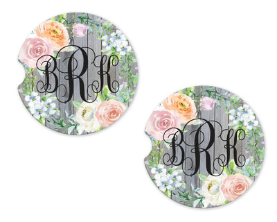 Pastel Floral and Wood Personalized Sandstone Car Coasters (Set of Two)