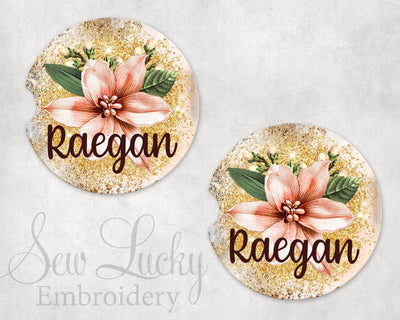 Pastel Flower Glitter Personalized Sandstone Car Coasters (Set of Two)