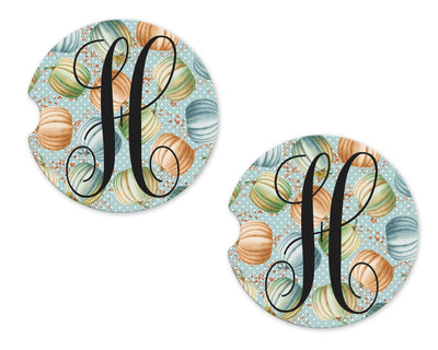 Pastel Pumpkins Personalized Sandstone Car Coasters (Set of Two)