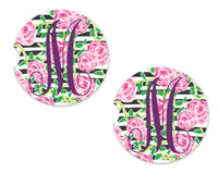 Pastel Stripes and Roses Sandstone Car Coasters - Sew Lucky Embroidery
