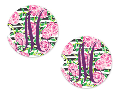 Pastel Stripes and Roses Personalized Sandstone Car Coasters (Set of Two)