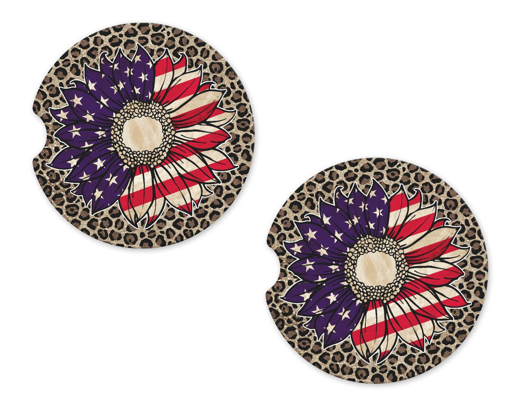 Patriotic Sunflower on Leopard Sandstone Car Coasters - Sew Lucky Embroidery
