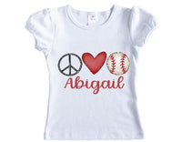 Peace Love Baseball Personalized Girls Shirt - Sew Lucky Embroidery