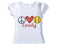 Peace Love Softball Personalized Girls Shirt - Sew Lucky Embroidery
